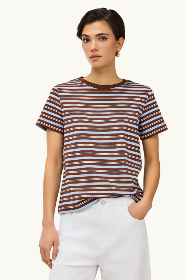 Dámské - Tričko - regular fit - pruhované - hnědá/modrá