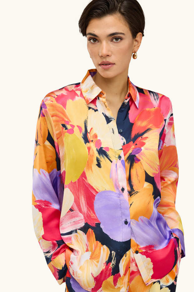 Donna - Blusa - a fiori - fucsia / arancione