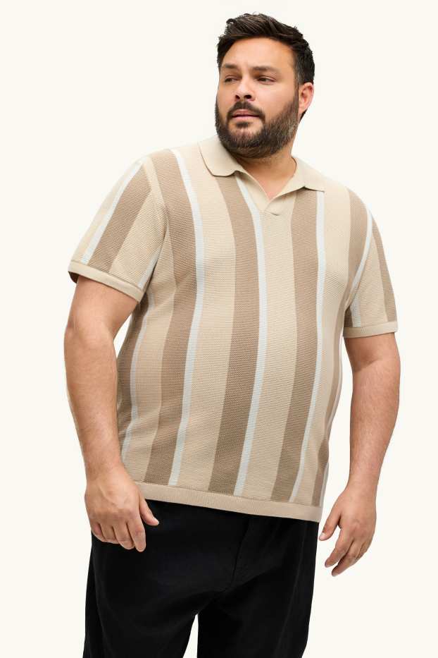 Men - Knitted polo shirt - regular fit - striped - textured - beige