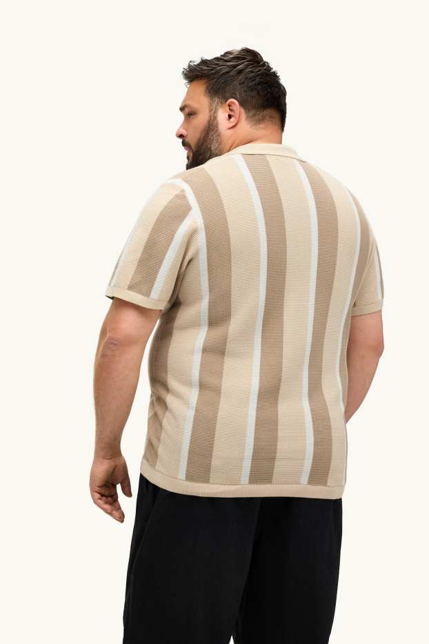 Men - Knitted polo shirt - regular fit - striped - textured - beige