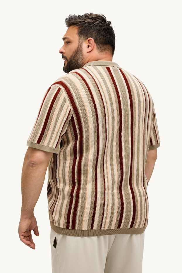 Pánské - Pletená košile - regular fit - klopový límec - pruhovaná - hnědá