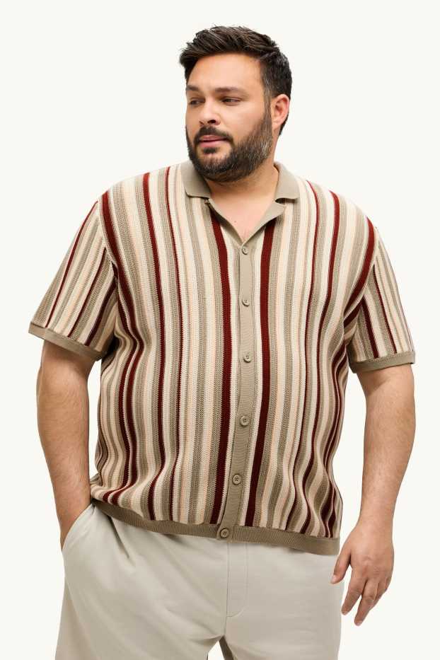 Pánské - Pletená košile - regular fit - klopový límec - pruhovaná - hnědá