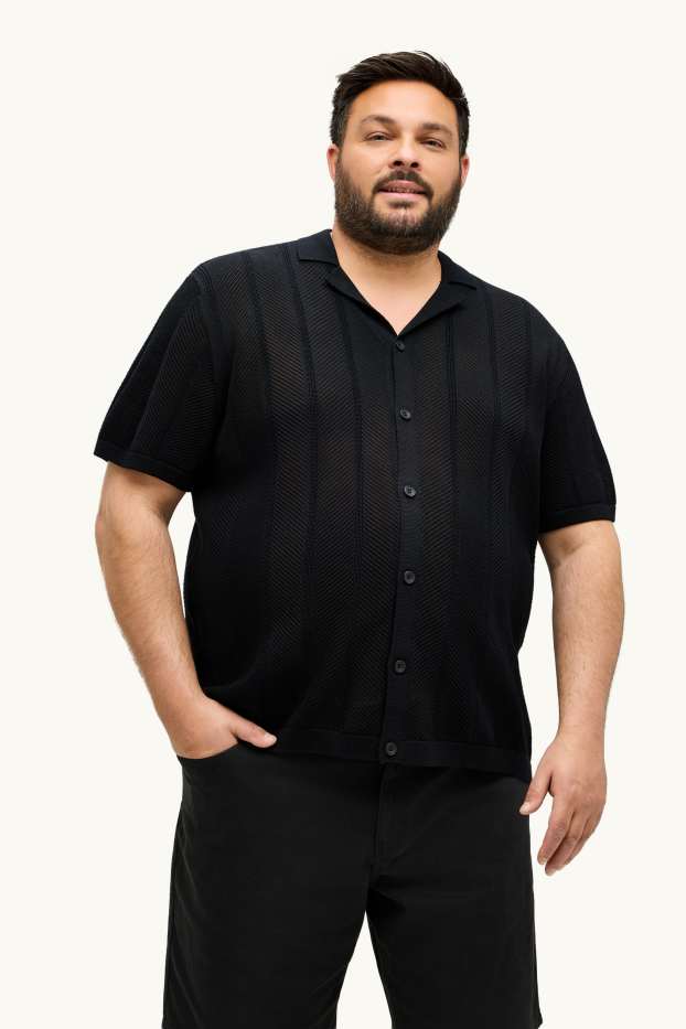 Hommes - Chemise en maille - regular fit - col à revers - finition texturée - noir