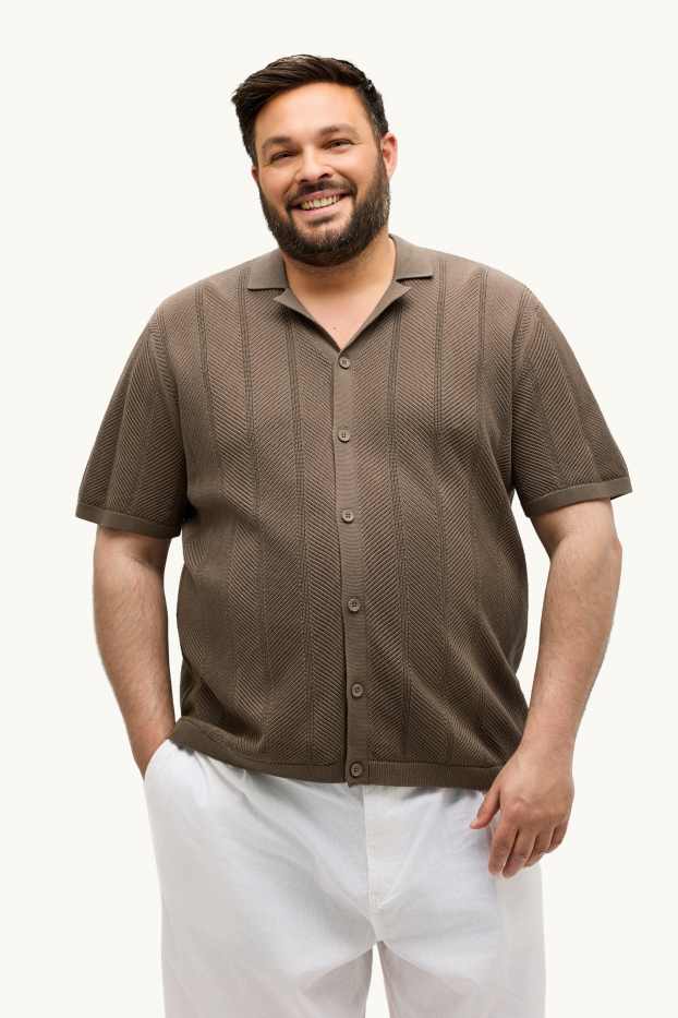 Hommes - Chemise en maille - regular fit - col à revers - finition texturée - marron