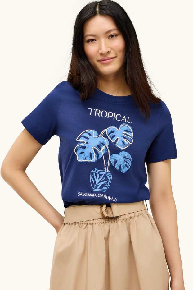 Damen - T-Shirt - Regular Fit - Glanz Effekt - dunkelblau