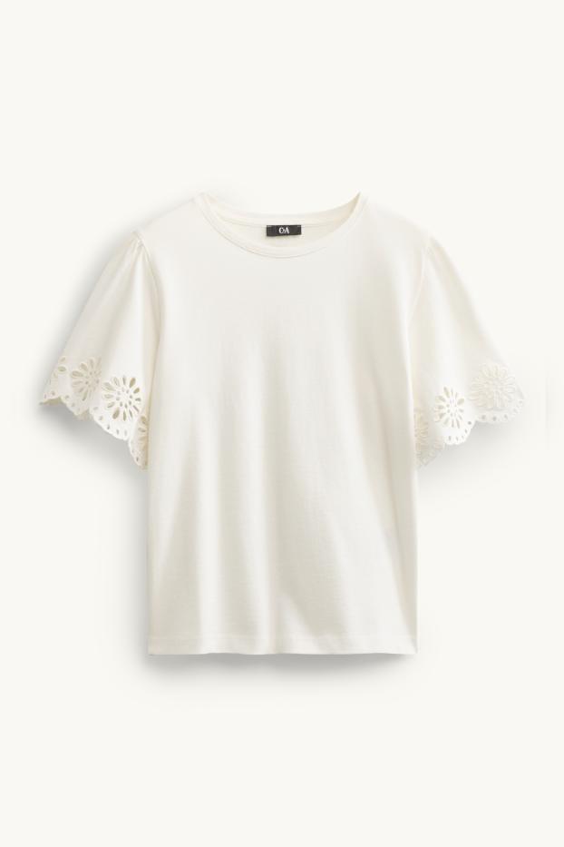 Dames - T-shirt - regular fit - broderie Anglaise - wit