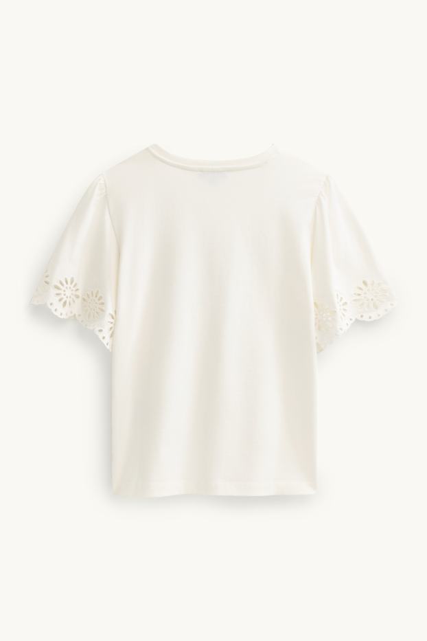 Dames - T-shirt - regular fit - broderie Anglaise - wit