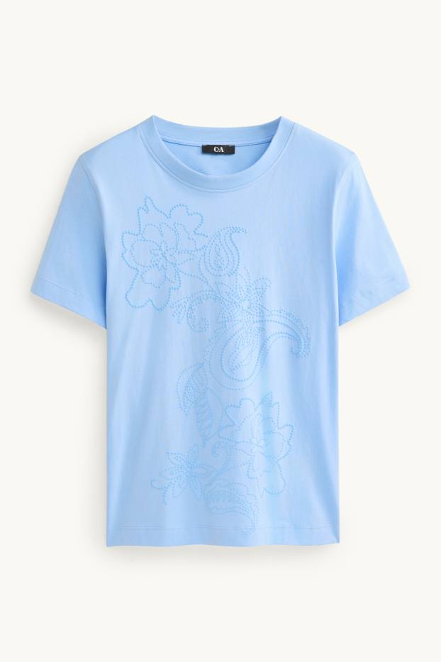 Dames - T-shirt - regular fit - met borduursel - gebloemd - lichtblauw