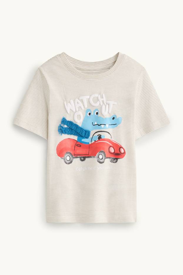 Kinder Buben - Dino - Kurzarmshirt - gestreift - beige