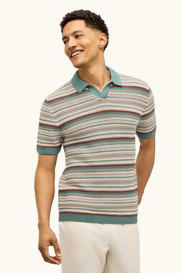 Heren - Gebreid poloshirt - regular fit - gestreept - met structuur - groen / beige