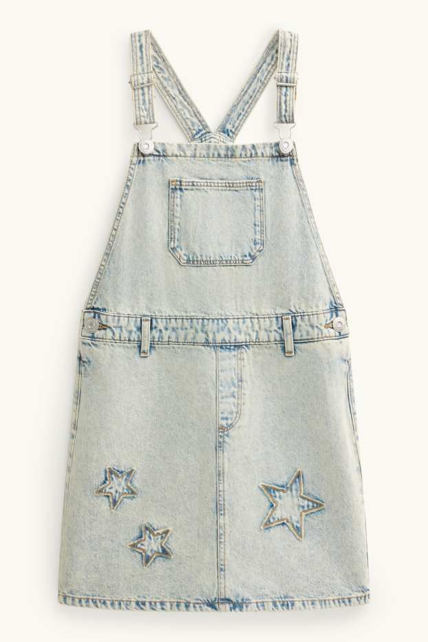 Enfants filles - Ensemble - T-shirt et robe-salopette en jean - 2 pièces - blanc / bleu clair