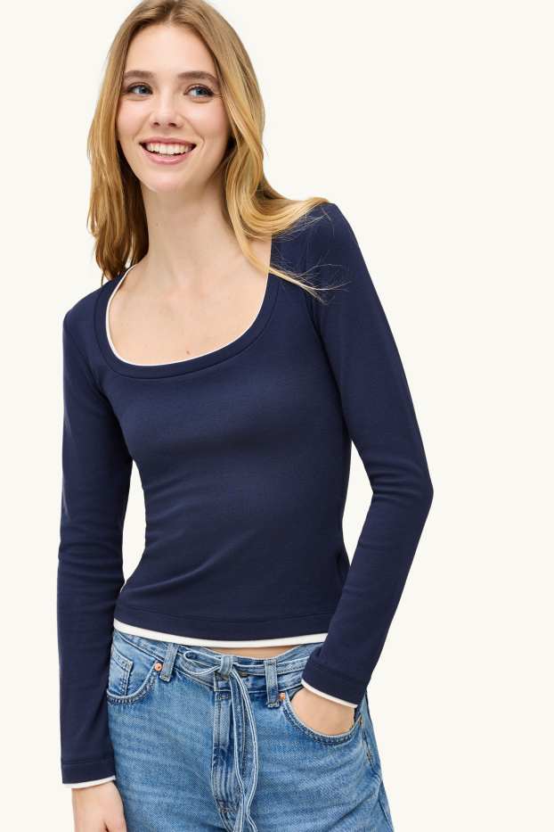 Damen - Langarmshirt - Slim Fit - 2-in-1-Look - dunkelblau