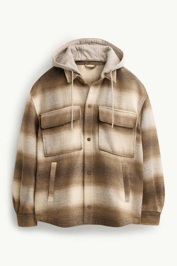 Men - Shirt jacket with hood - relaxed fit - kent collar - check - brown