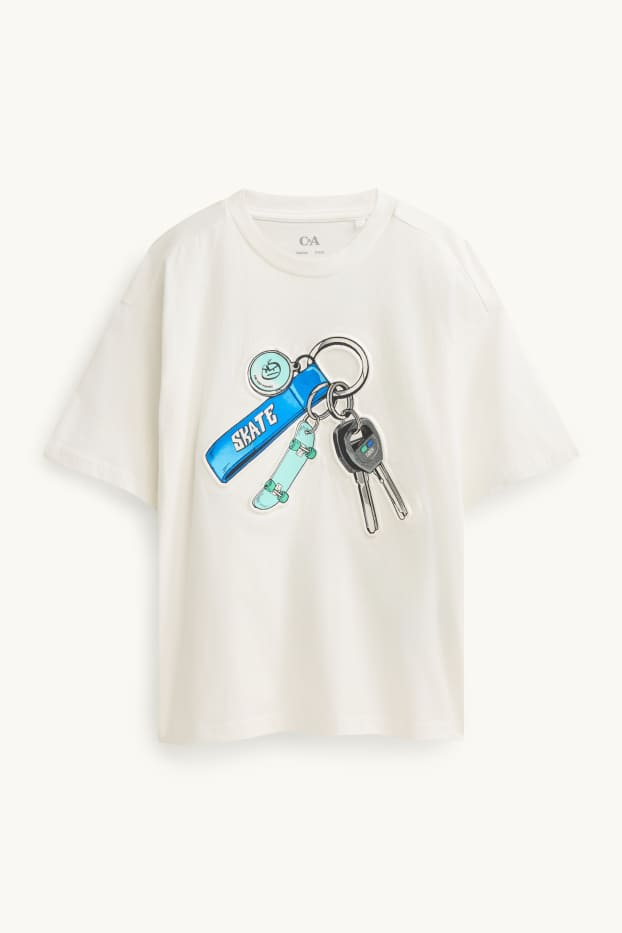 Kinder Buben - Schlüsselbund und Skateboard - Kurzarmshirt - weiß