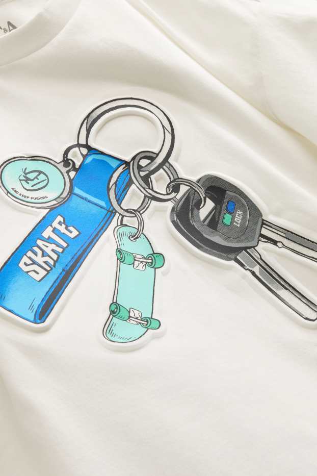 Kinder Buben - Schlüsselbund und Skateboard - Kurzarmshirt - weiß