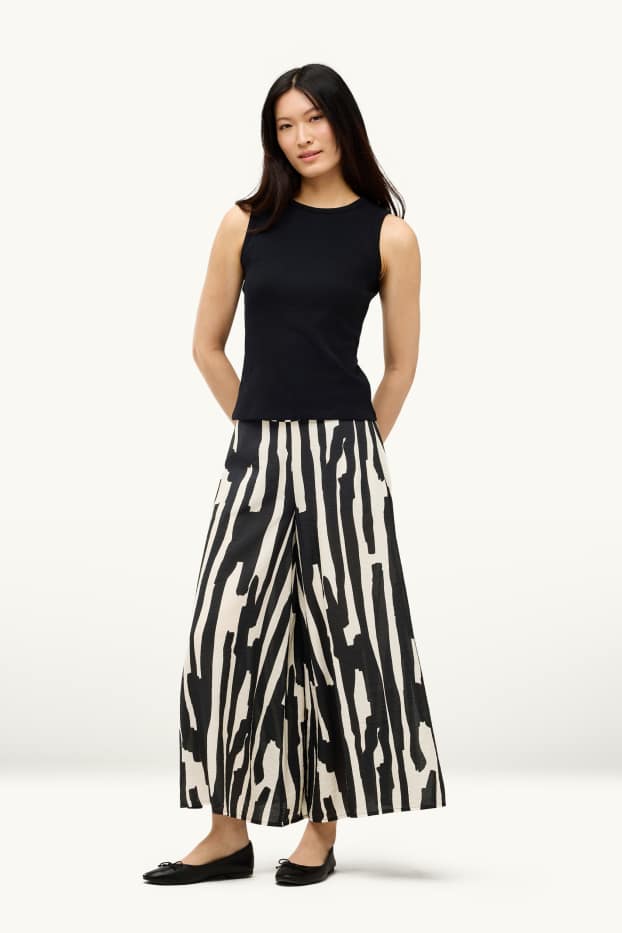 Damen - Stoffhose - High Waist - Wide Leg - gemustert - schwarz / weiss