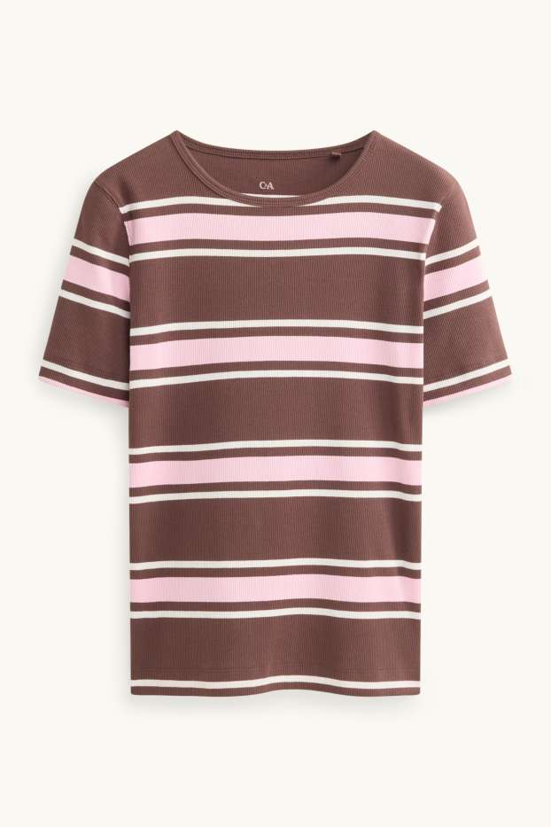 Women - T-shirt - slim fit - ribbed - striped - blue / white