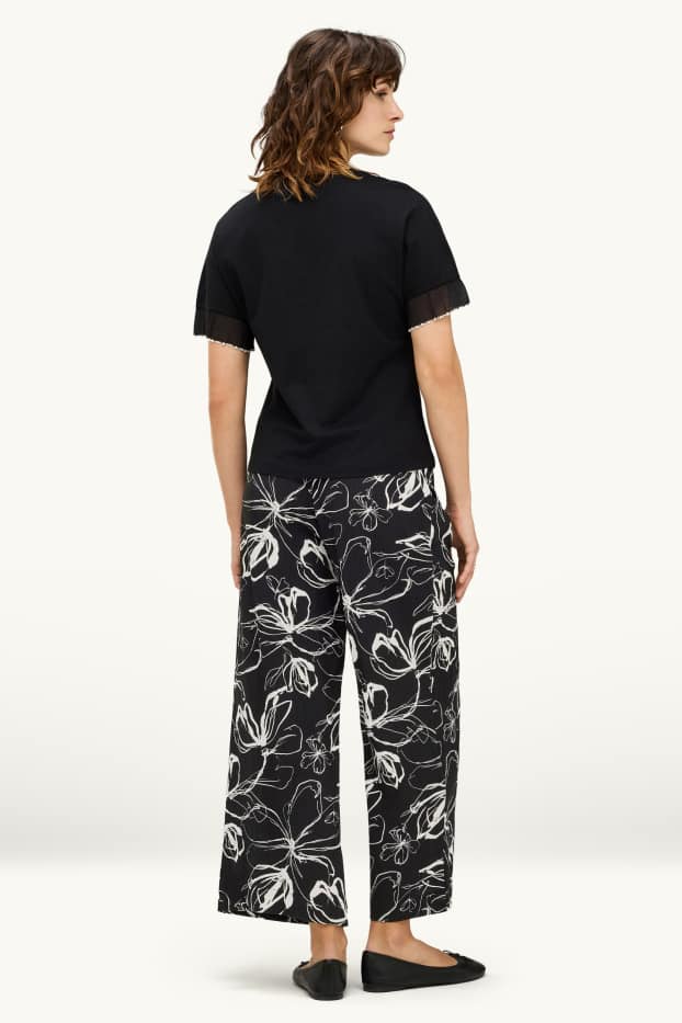 Dames - Korte pantalon - high waist - palazzo - gebloemd - wit / zwart