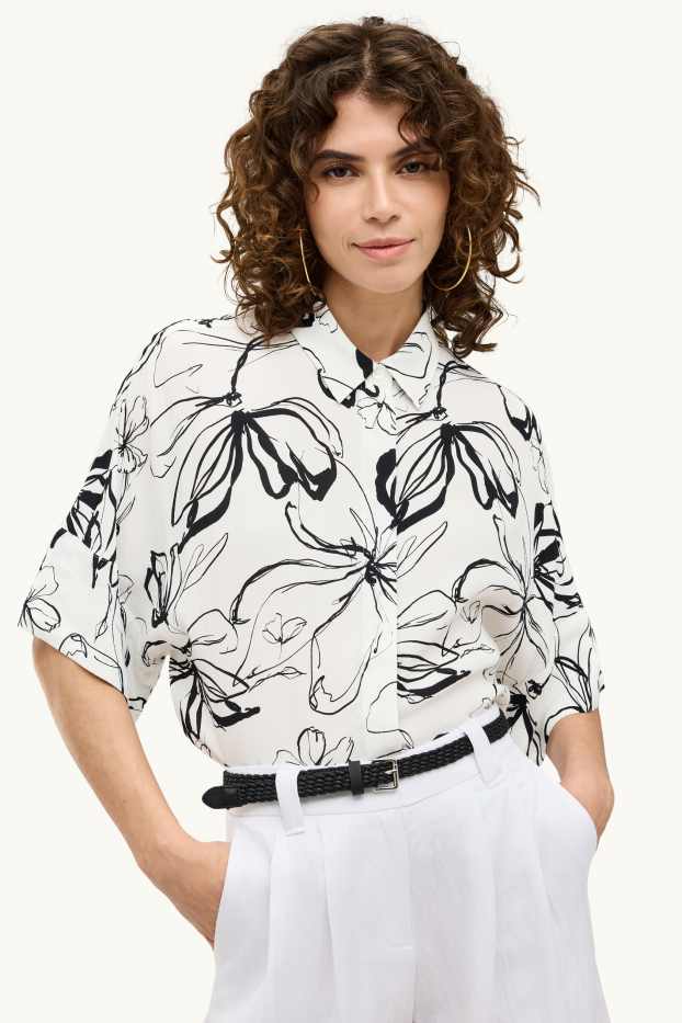 Dames - Blouse - gebloemd - wit / zwart