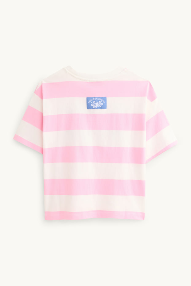 Kinder Mädchen - Kurzarmshirt - gestreift - weiss / rosa