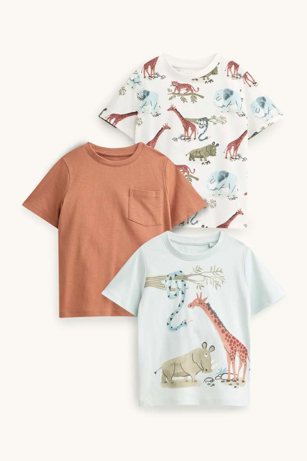 Kinder Jungen - Multipack 3er - Wildtiere - Kurzarmshirt - braun
