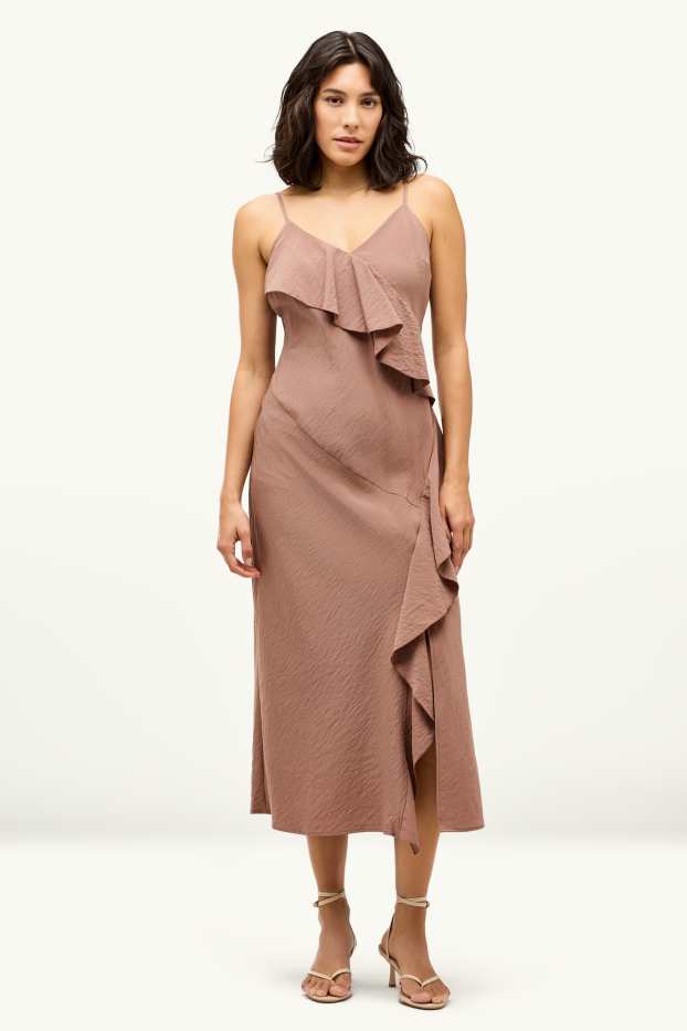 Damen - Fit & Flare Kleid mit V-Ausschnitt - hellbraun