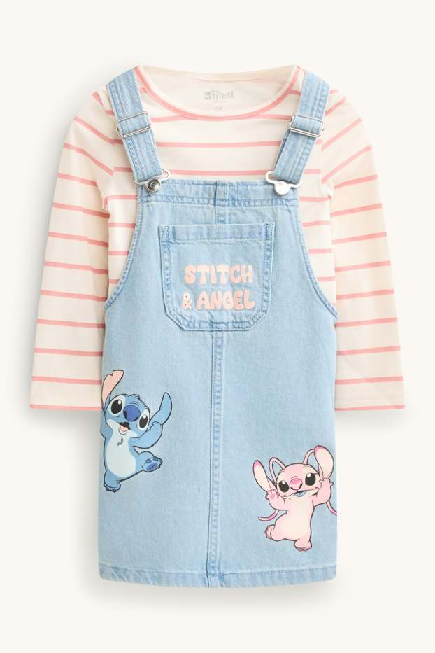 Kinder Mädchen - Lilo & Stitch - Set - Langarmshirt und Jeans-Latzkleid - helljeansblau