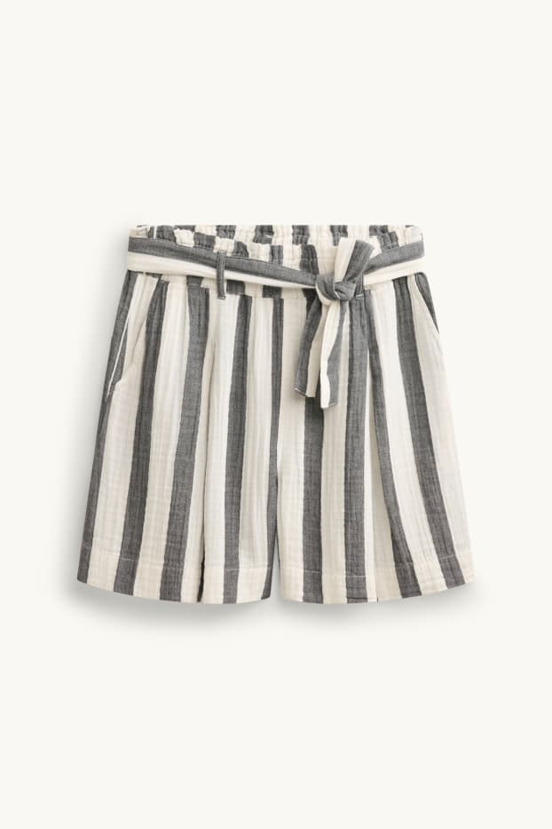 Donna - Shorts di mussola - vita alta - a righe - bianco / nero