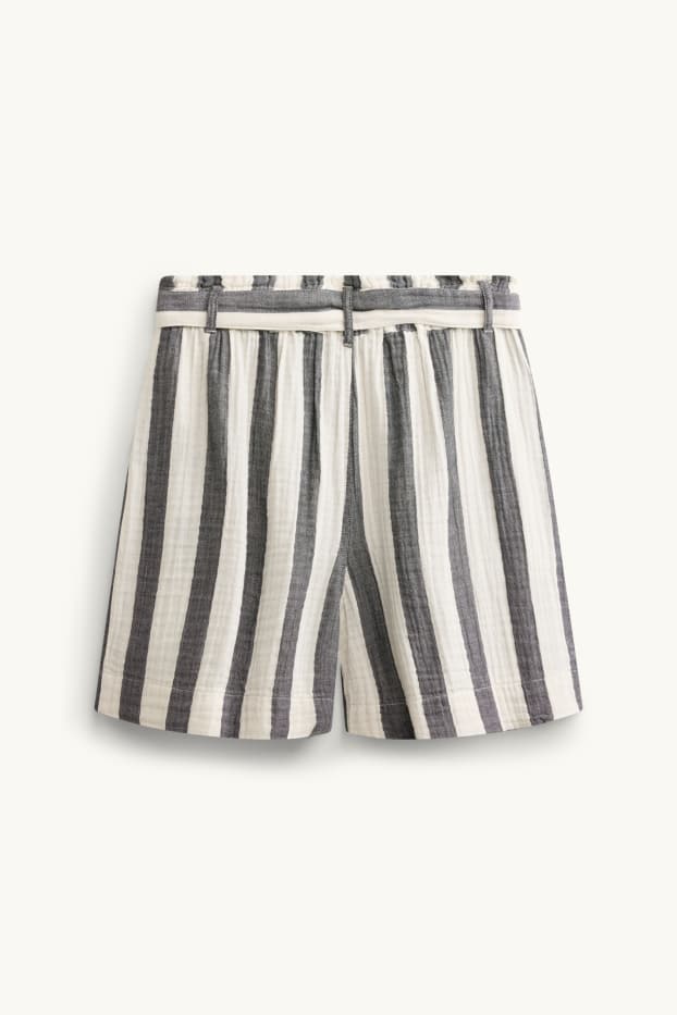 Donna - Shorts di mussola - vita alta - a righe - bianco / nero