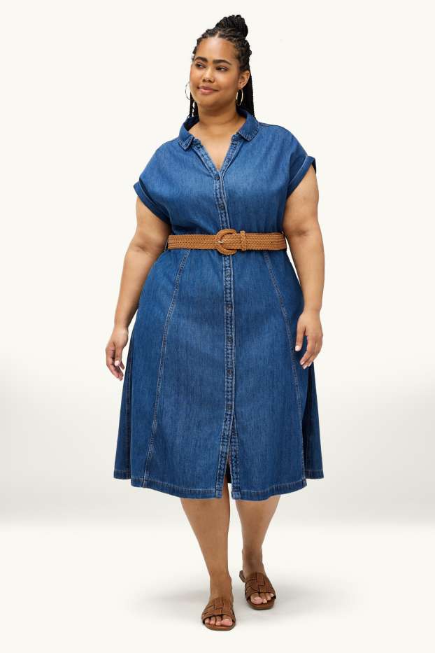 Mujer - Vestido camisero vaquero con escote en pico y cinturón - vaqueros - azul