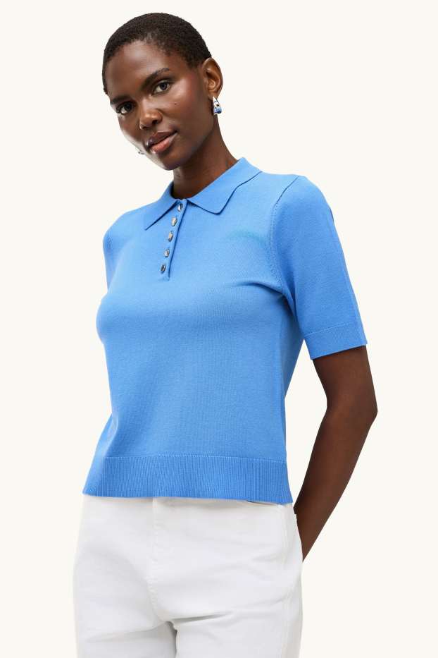 Women - Knitted polo shirt - regular fit - blue