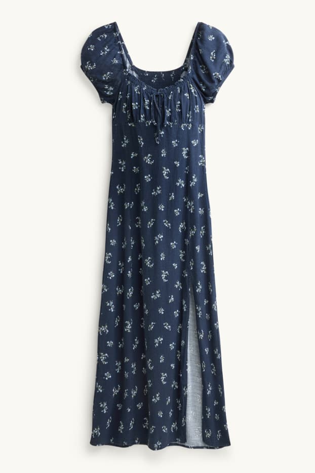 Femmes - Robe à fente - à fleurs - smockée - bleu foncé