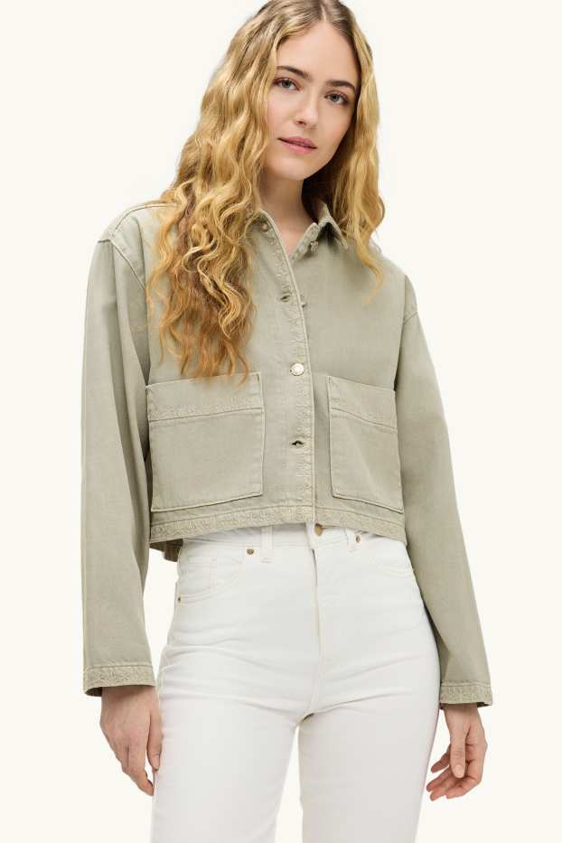 Damen - Crop Jeansjacke - bestickt - grün