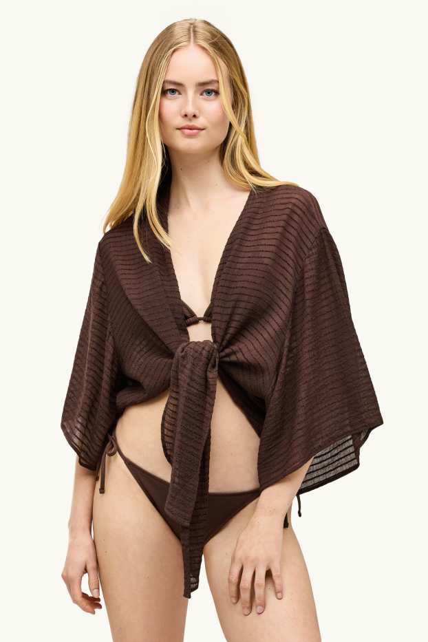 Femmes - Chemisier de plage noué - texturé - marron