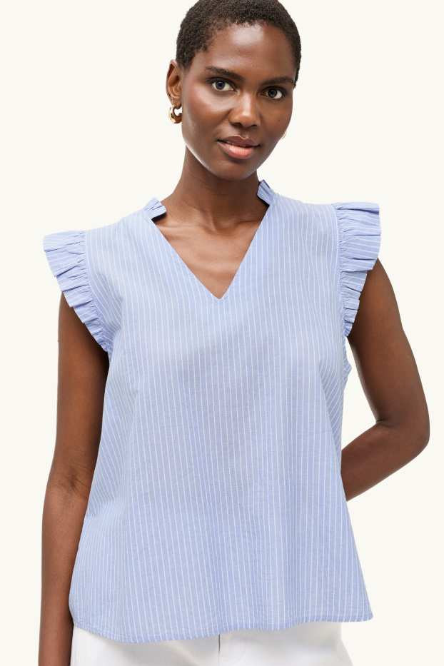 Damen - Bluse mit V-Ausschnitt - gestreift - weiß / blau