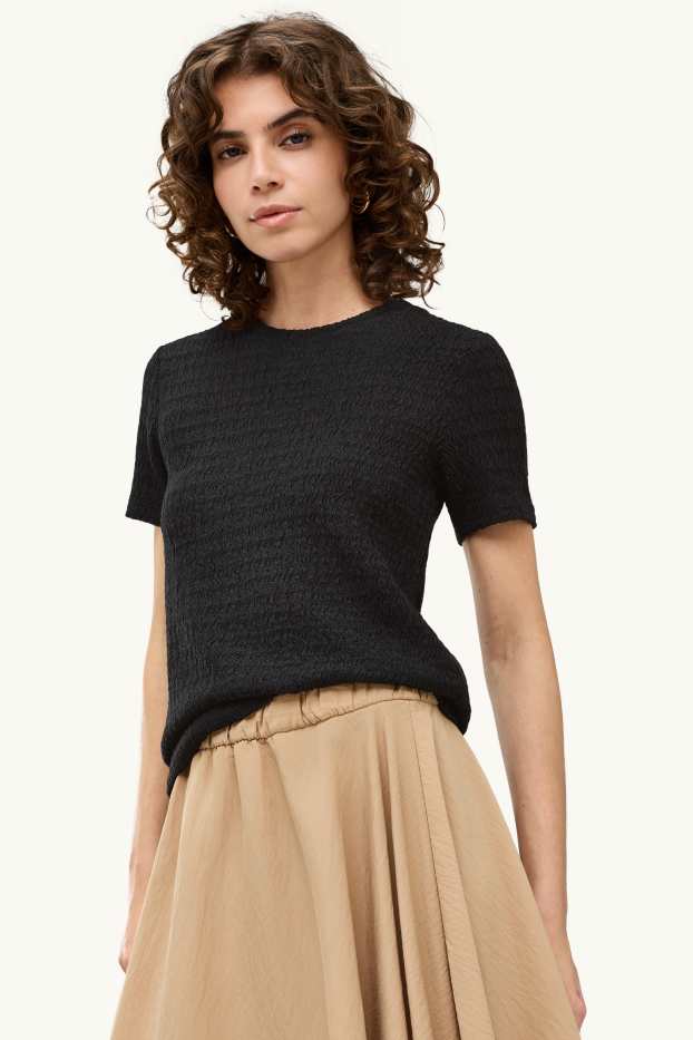 Dames - T-shirt - regular fit - met structuur - zwart