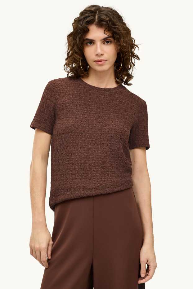 Dames - T-shirt - regular fit - met structuur - donkerbruin