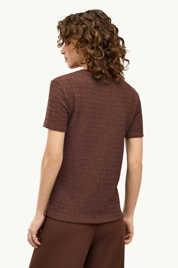 Dames - T-shirt - regular fit - met structuur - donkerbruin