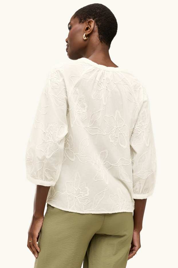 Damen - Bluse mit V-Ausschnitt - geblümt - strukturiert - weiß