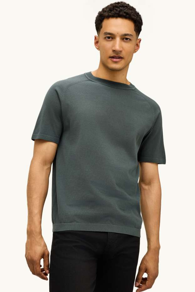 Herren - Strickpullover - kurzarm - strukturiert - dunkelgrün