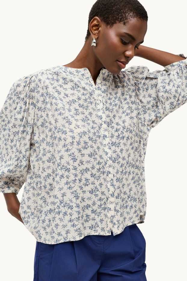 Damen - Bluse - geblümt - blau / weiß