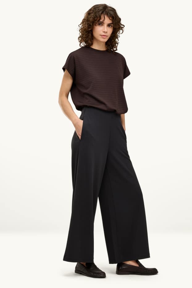 Dames - Broek van jersey - high waist - wide leg - zwart