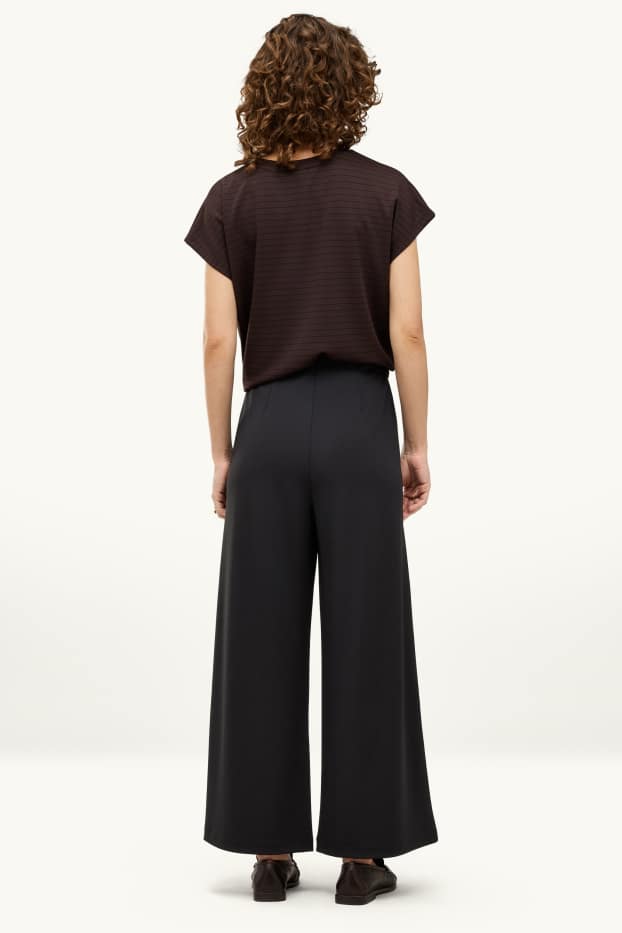 Dames - Broek van jersey - high waist - wide leg - zwart