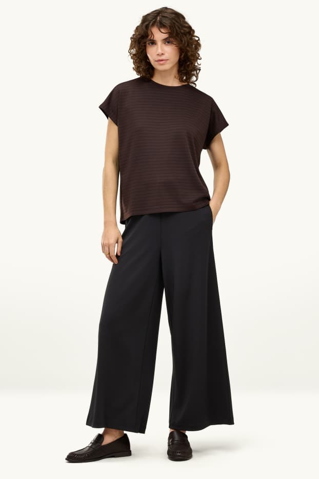 Dames - Broek van jersey - high waist - wide leg - zwart