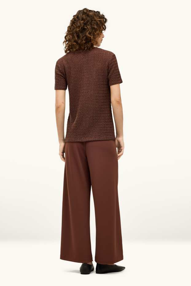 Dames - Broek van jersey - high waist - wide leg - donkerbruin