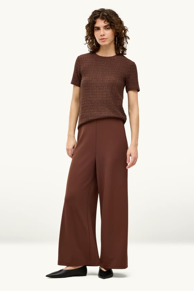 Dames - Broek van jersey - high waist - wide leg - donkerbruin