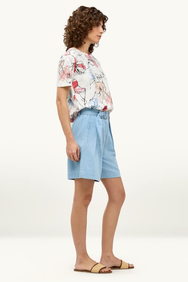 Dames - Denim short met ceintuur - high waist - jeanslichtblauw