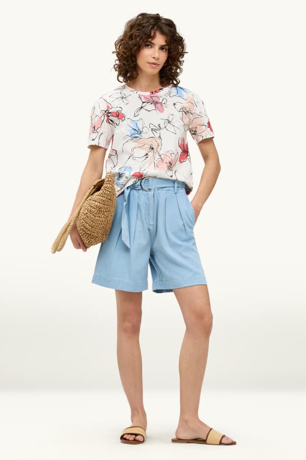 Dames - Denim short met ceintuur - high waist - jeanslichtblauw