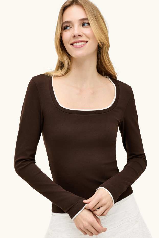Damen - Langarmshirt - Slim Fit - 2-in-1-Look - braun