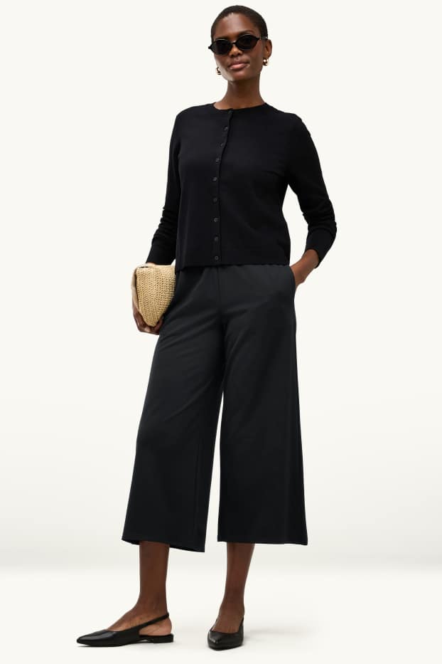 Damen - Crop Stoffhose - High Waist - Wide Leg - schwarz